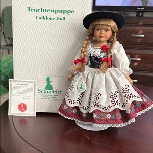 Schneider Folklore Doll with Black Hat and White Dress